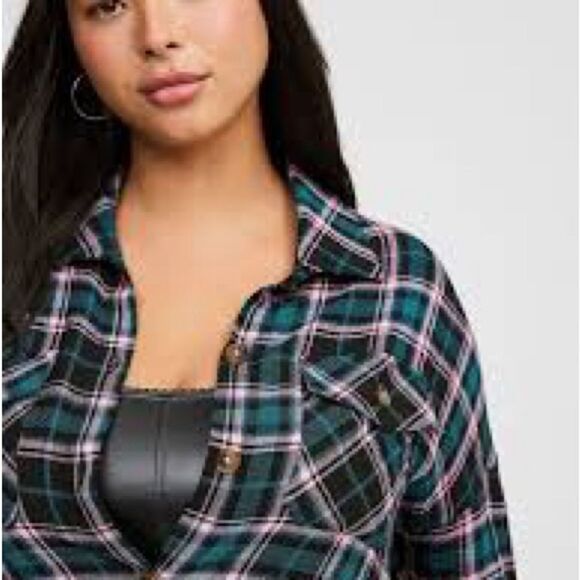 Anthropologie Love, Fire Teal and Pink Plaid Shirt - Picture 1 of 4